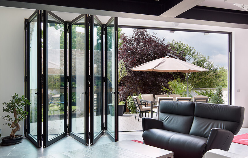 Black aluminium bifold door interior view