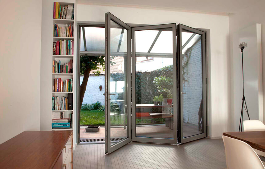 Grey aluminium bifold door interior view