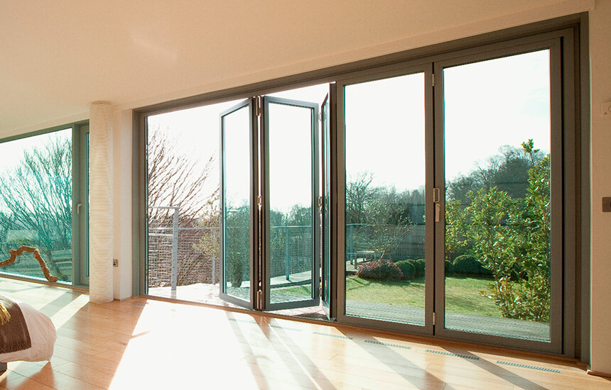 Large grey aluminium bifold door