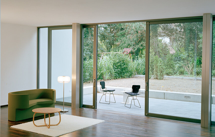 Grey aluminium lift and slide door interior view