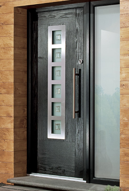 Black composite door with central misted window.