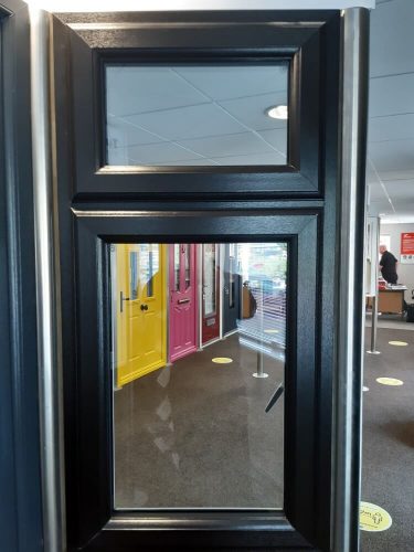 A black framed window in our Belfast showroom.