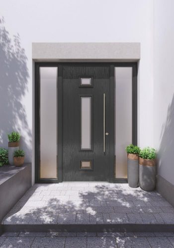 Black front door with central window.