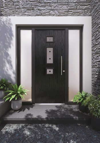 Black entrance door with central glazing and two sidelights