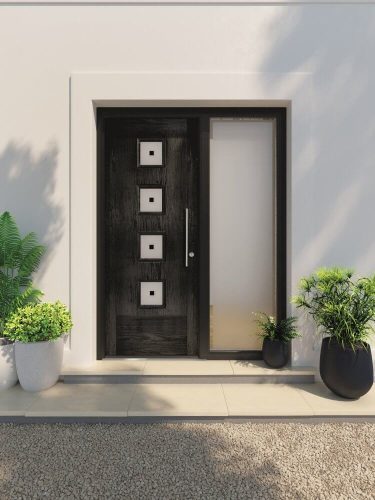 Black door with central glazing and a side glazing panel