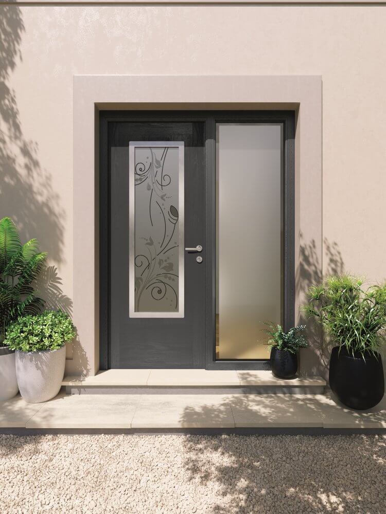 Black entrance door with large central glazing panel and sidelight