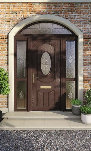 Dark brown door with window panels.