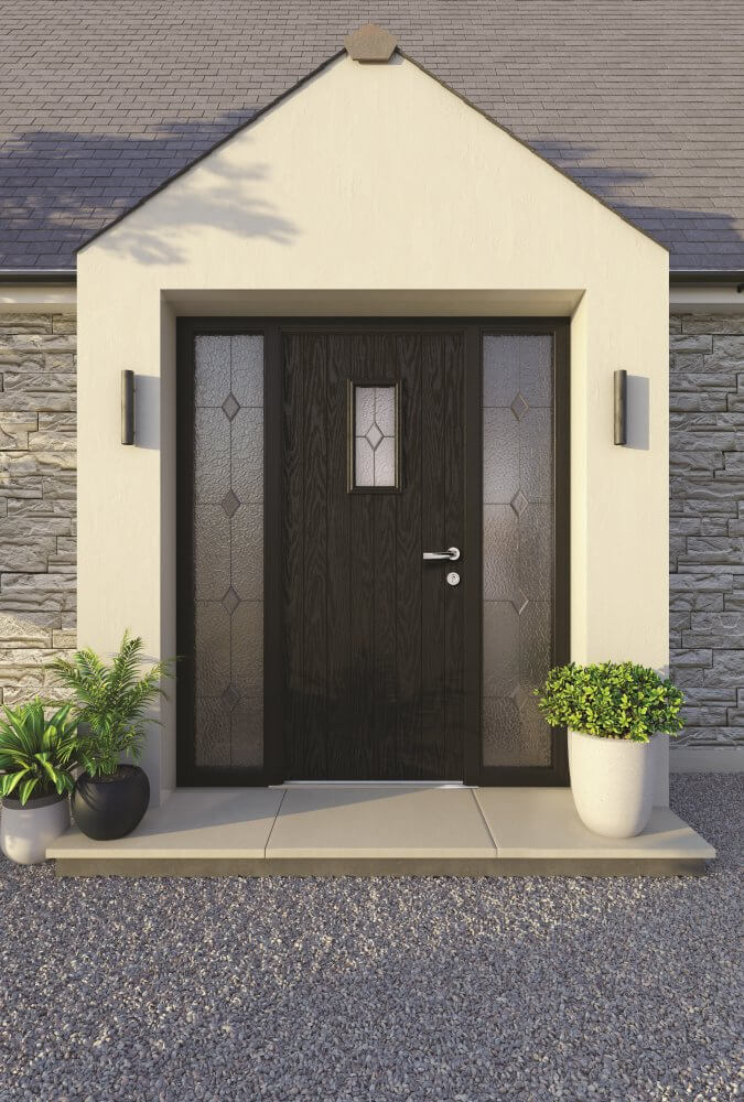 Black front door with sidelight decorative glazing
