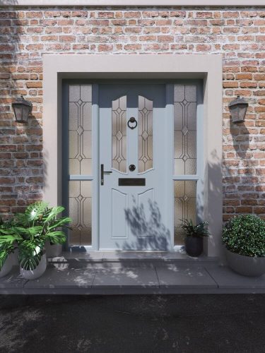 Pastel blue entrance door with decorative frame