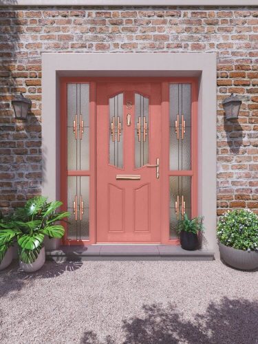 Salmon coloured front door.