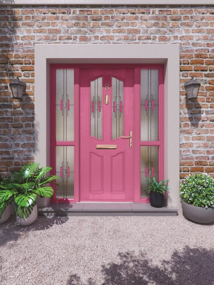 Bright pink entrance door surrounded by decorative glazing