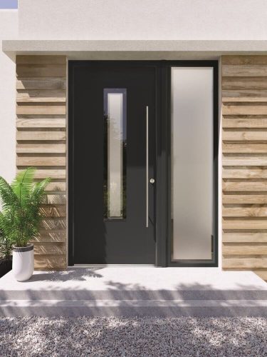 Black front door with decorative glazing