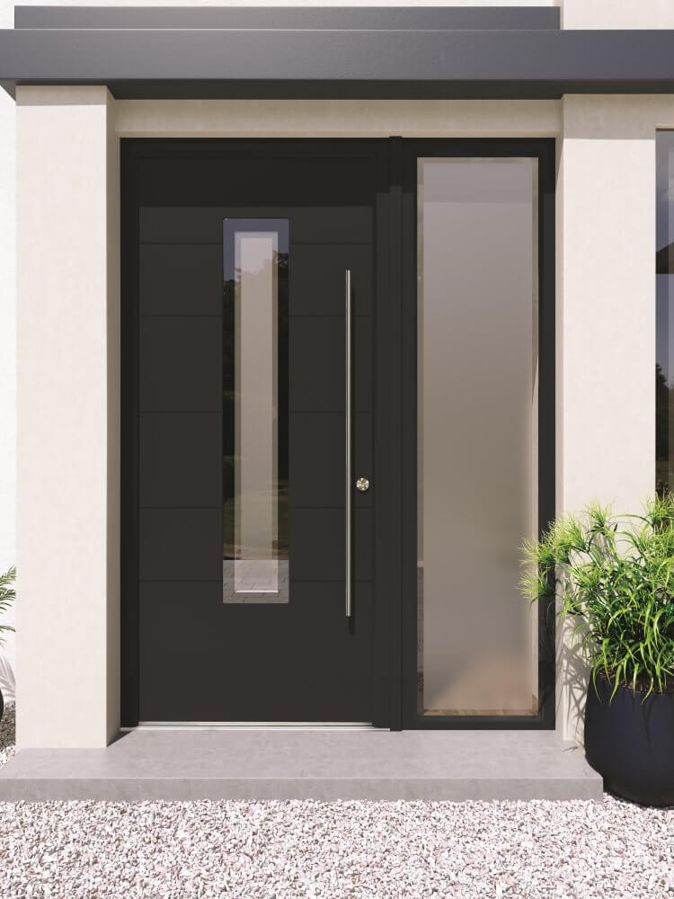Black front door with decorative glazing