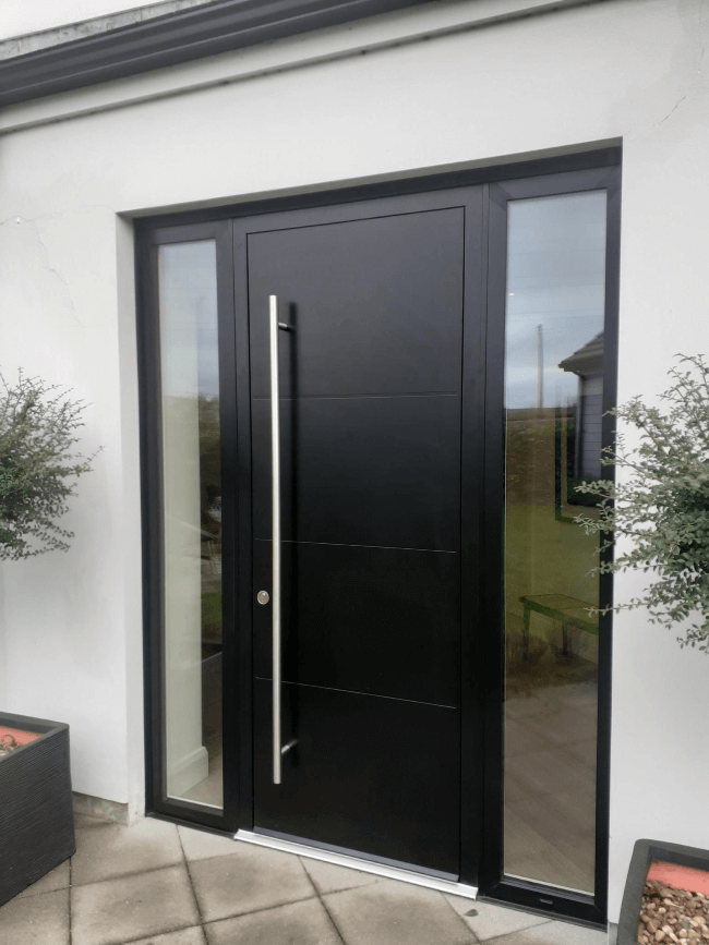 black aluminium front door installed by turkington windows